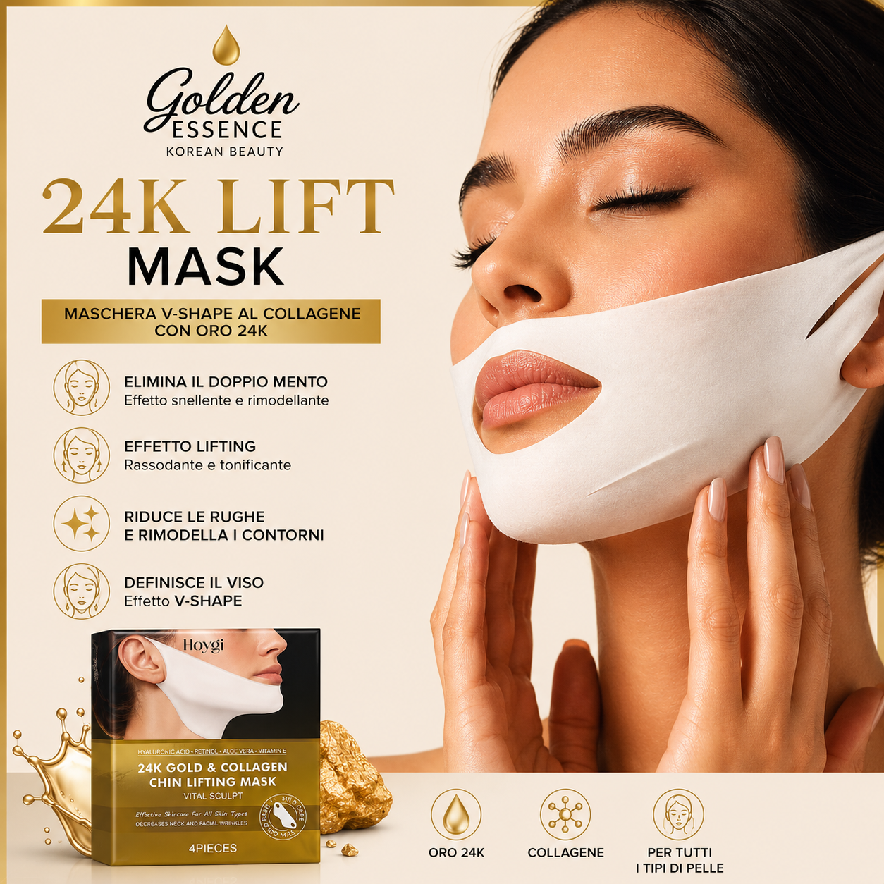 Golden Lift Mask™ - Maschera Viso Rassodante all'Acido Ialuronico Riduttrice del Doppio Mento