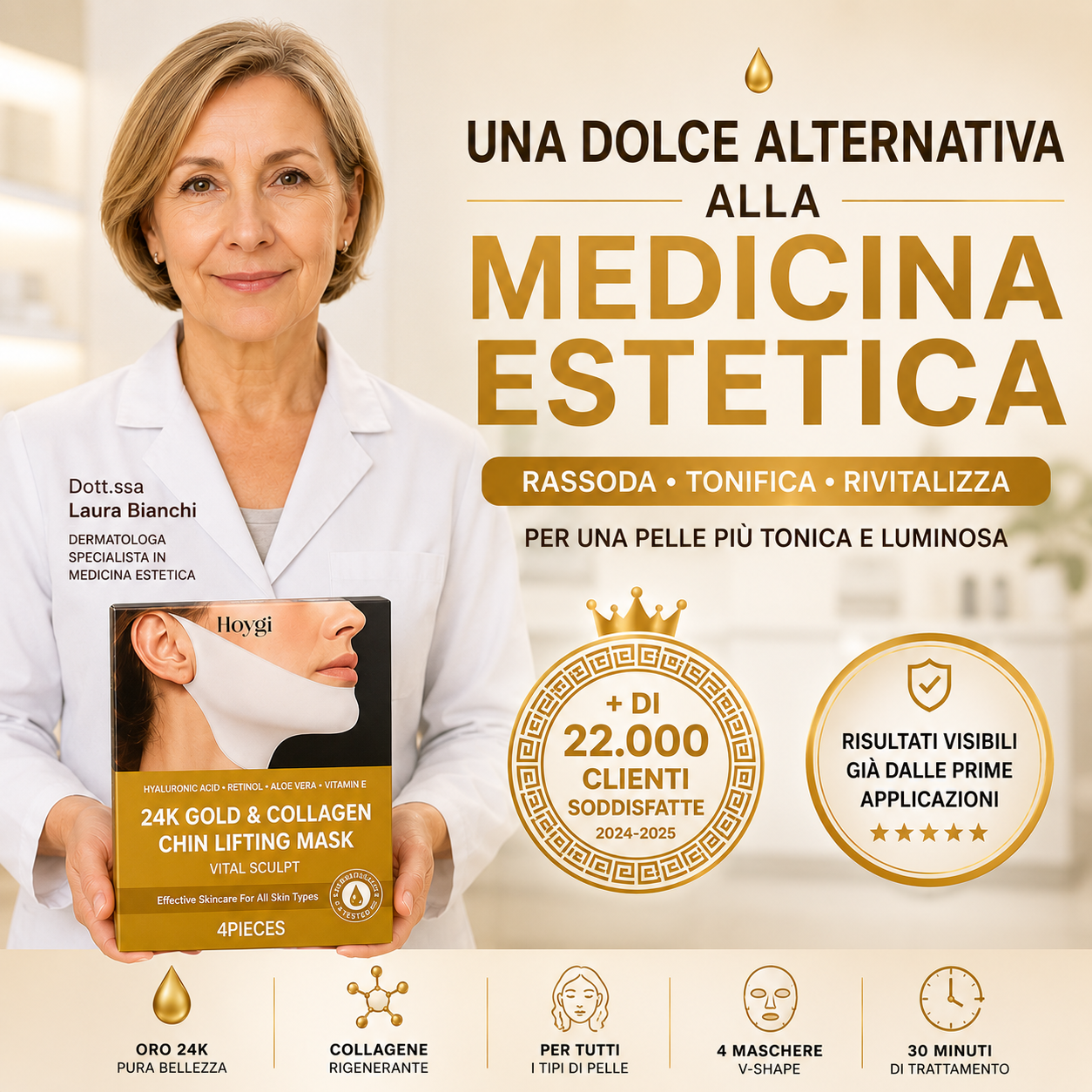 Golden Lift Mask™ - Maschera Viso Rassodante all'Acido Ialuronico Riduttrice del Doppio Mento