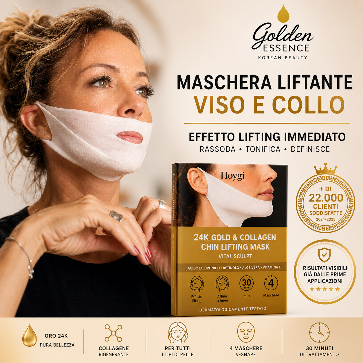Golden Lift Mask™ - Maschera Viso Rassodante all'Acido Ialuronico Riduttrice del Doppio Mento