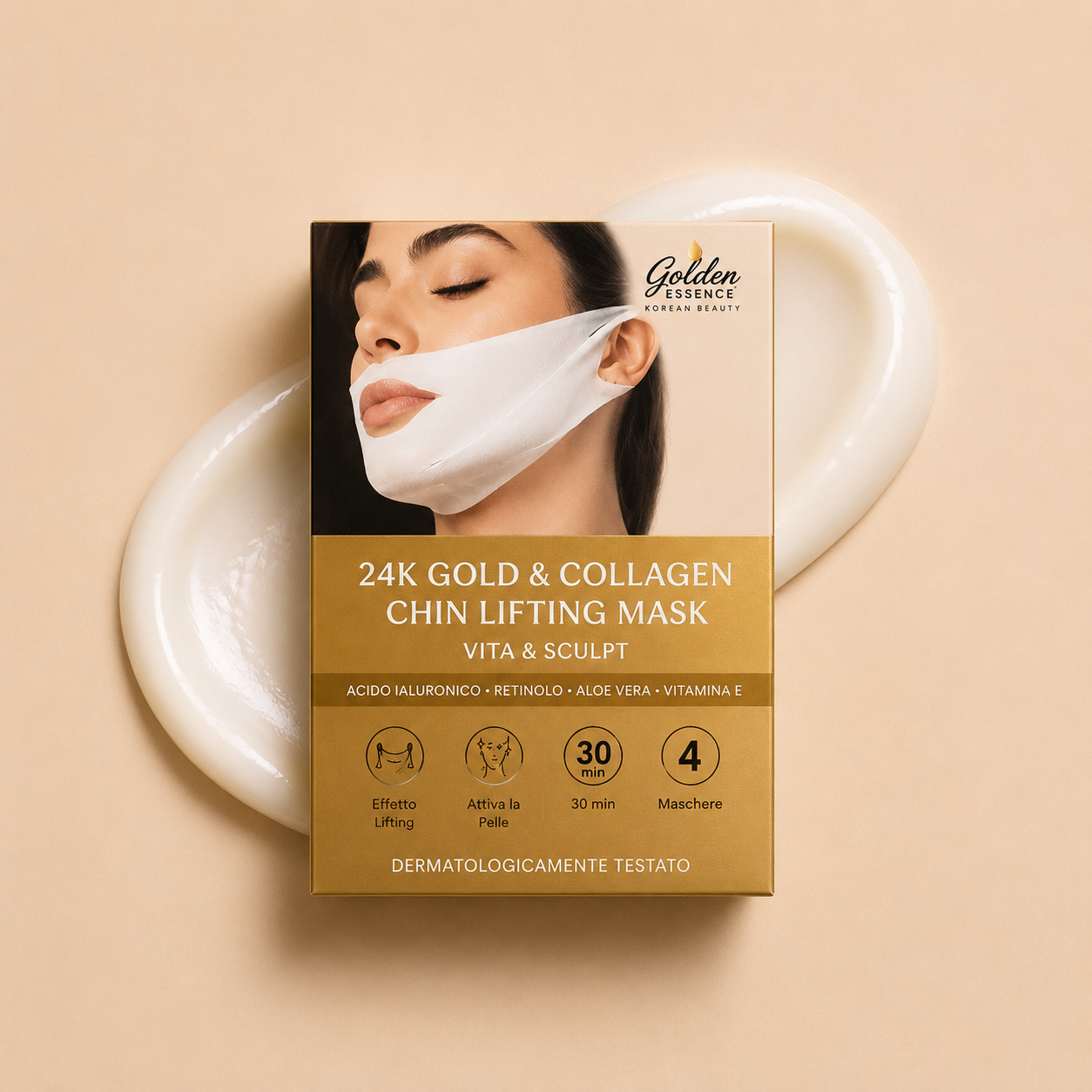 Golden Lift Mask™ - Maschera Viso Rassodante all'Acido Ialuronico Riduttrice del Doppio Mento
