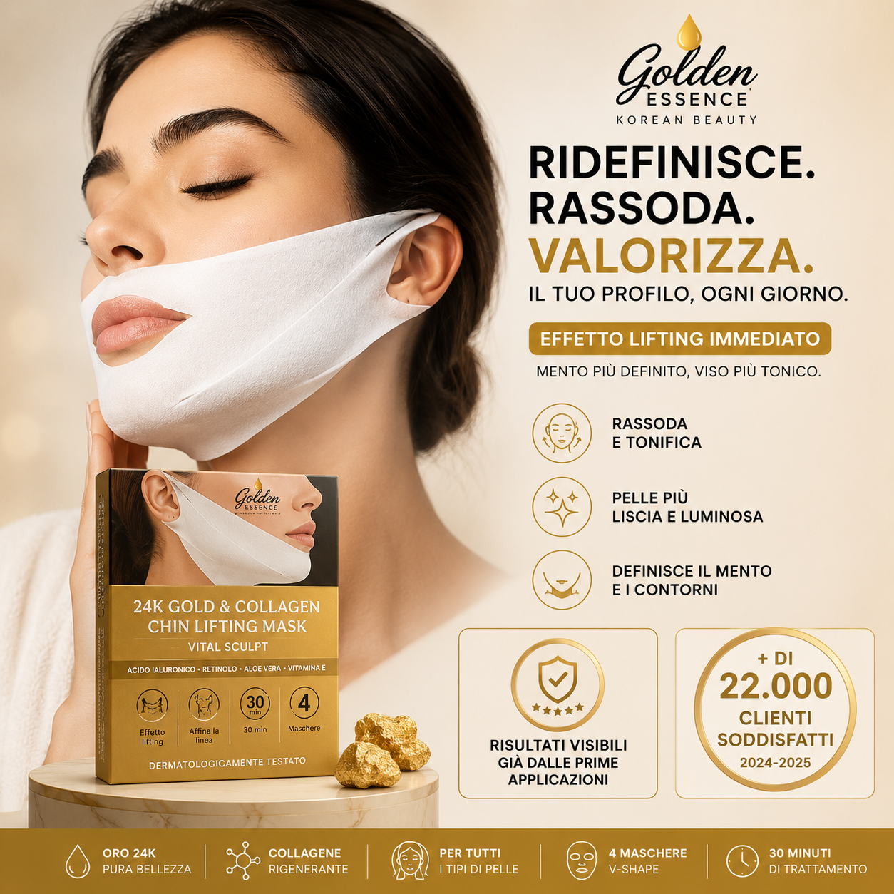 Golden Lift Mask™ - Maschera Viso Rassodante all'Acido Ialuronico Riduttrice del Doppio Mento