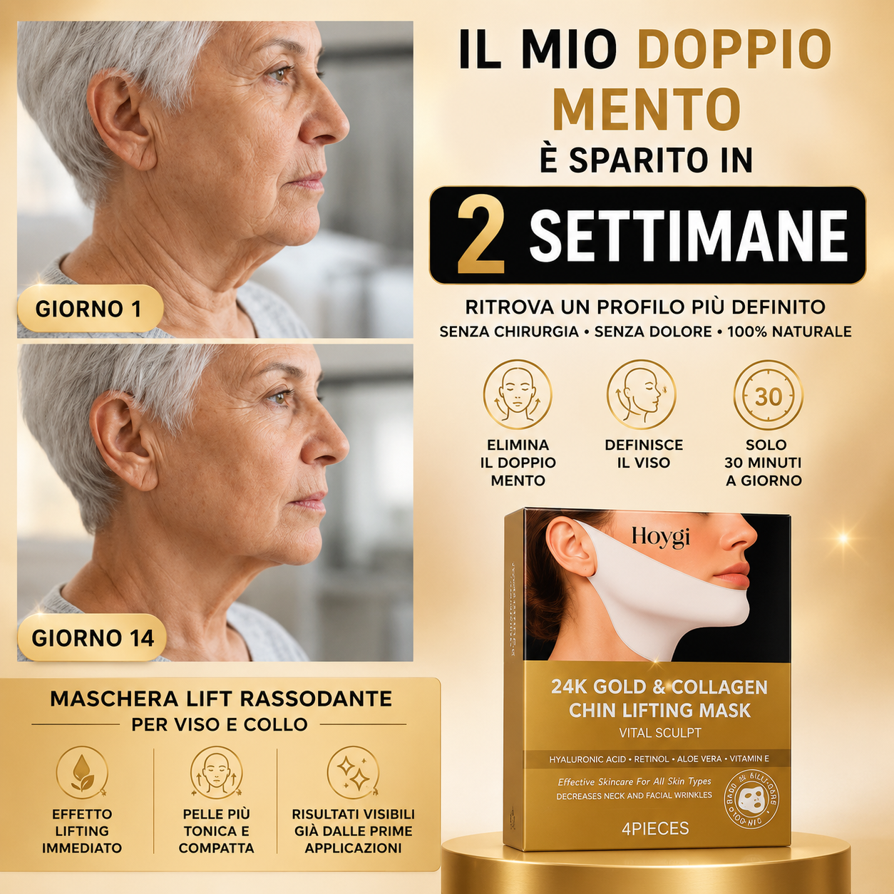 Golden Lift Mask™ - Maschera Viso Rassodante all'Acido Ialuronico Riduttrice del Doppio Mento